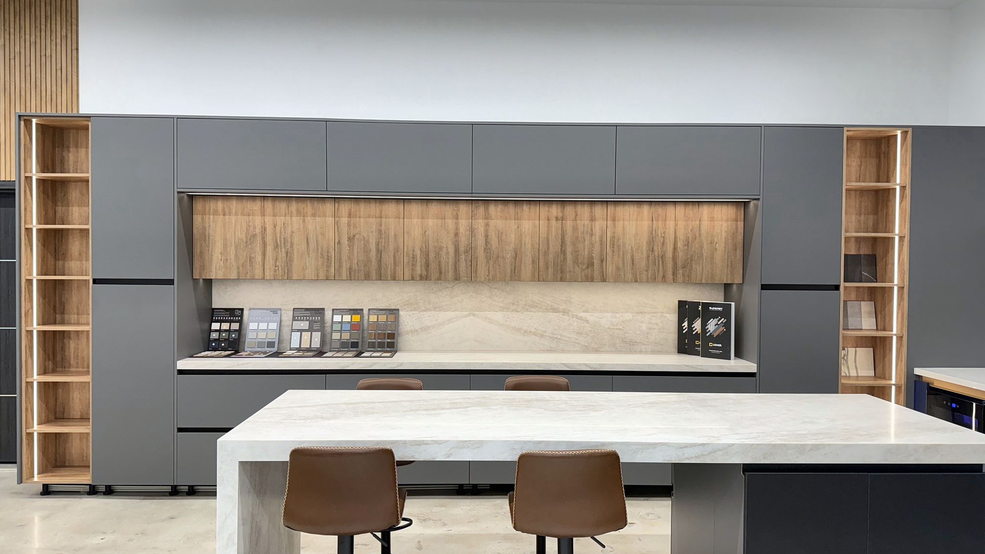 Kitchen island and sample display at the All Stones FL showroom